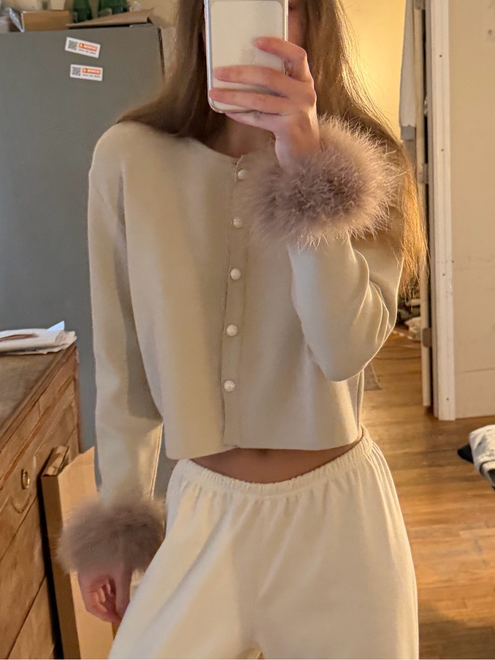 Sleeper Cream Cropped Cardigan with Fur Cuffs